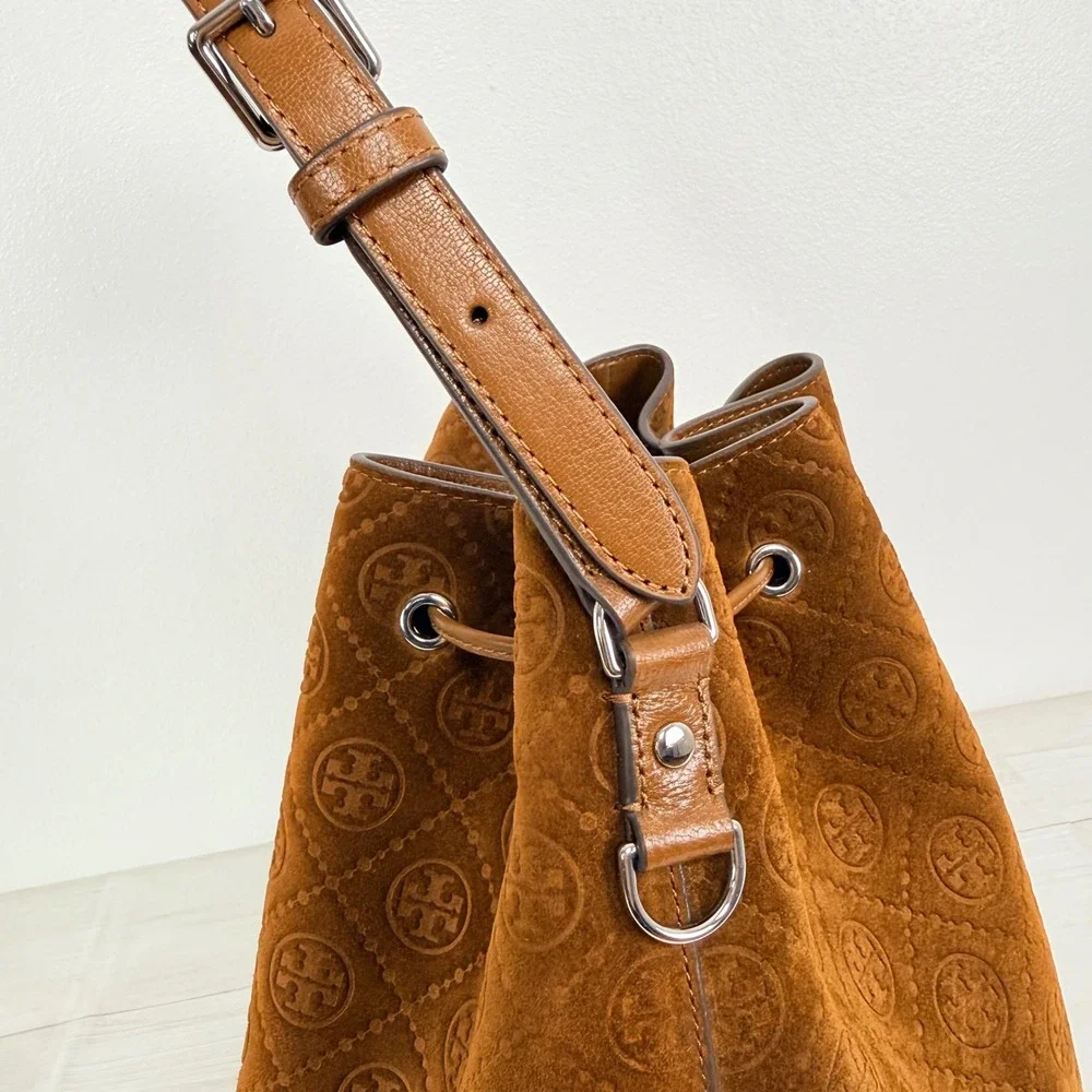 NWT Tory Burch T Monogram Suede Oversized Bucket Bag OS Chicory Brown Drawstring